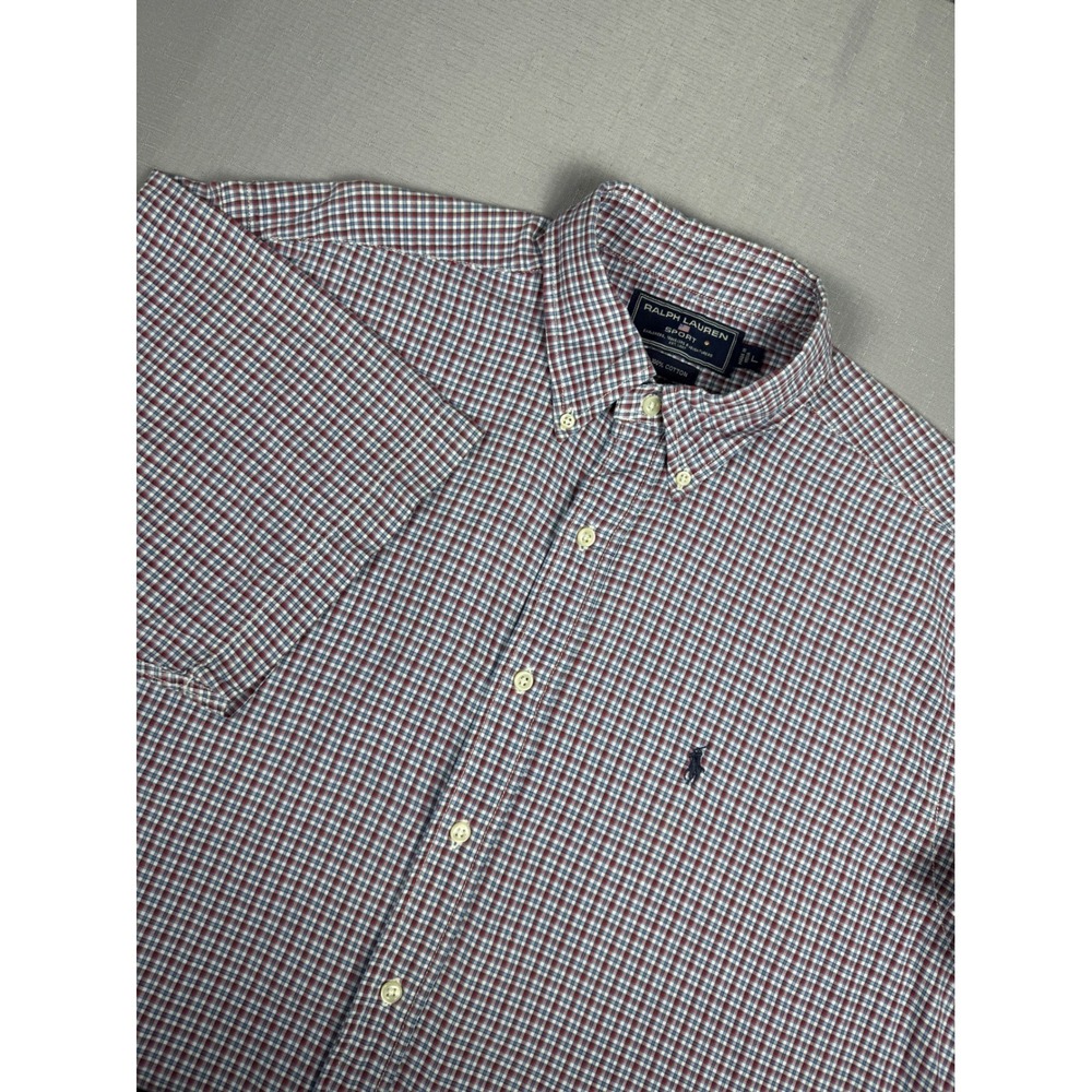 Ralph Lauren Sport Mens Large Short Sleeve Button Down Shirt Red Blue Plaid
